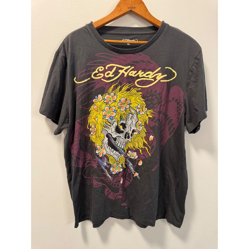 Ed Hardy Mens XL Graphic T-Shirt Skull Floral Mohawk Tattoo Art Charcoal Tee